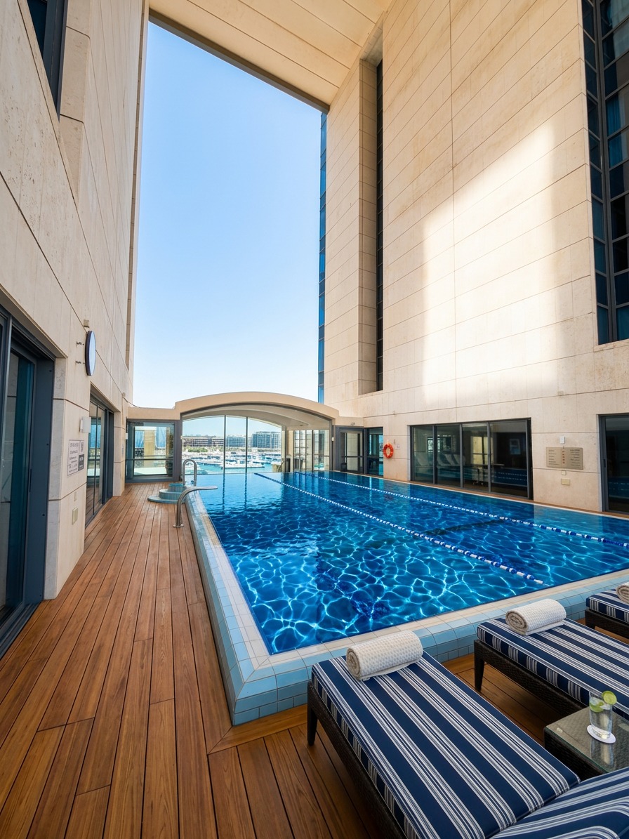 Residents' swimming pool with sun loungers and marina outlook